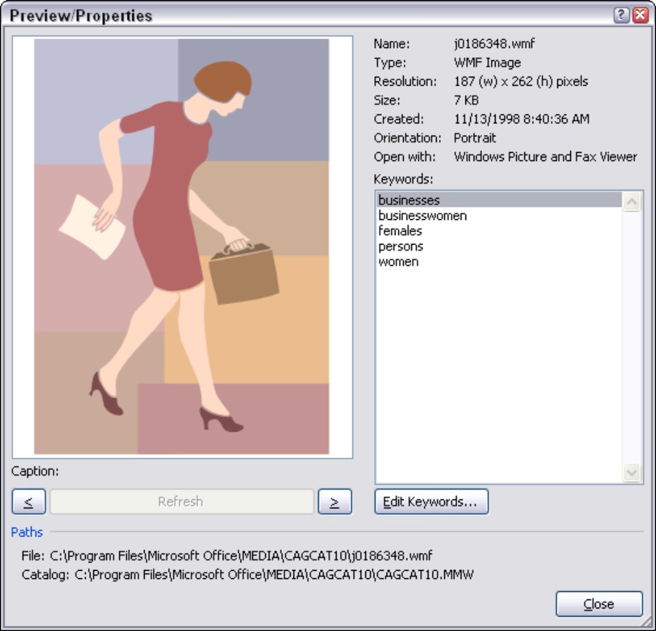 Figure 4-5: For searching purposes, each clip-art image has been assigned keywords.